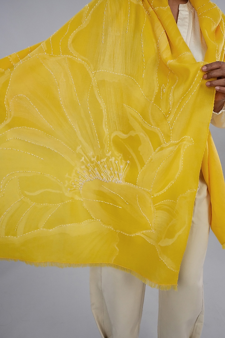 Yellow Pashmina Hand Painted & Hand Embroidered Stole by TAMBOUR at Pernia's Pop Up Shop