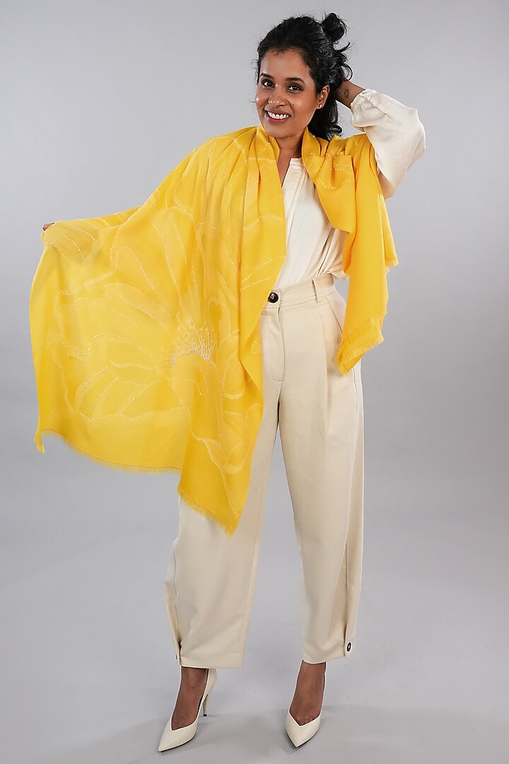 Yellow Pashmina Hand Painted & Hand Embroidered Stole by TAMBOUR at Pernia's Pop Up Shop