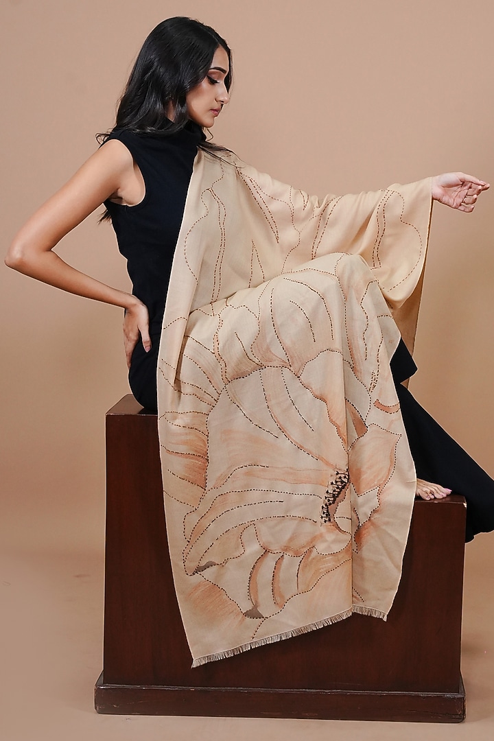 Beige Pashmina Hand Painted & Hand Embroidered Stole by TAMBOUR at Pernia's Pop Up Shop