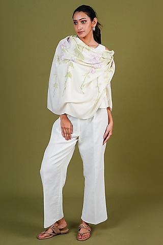 Ivory Pashmina Hand Painted & Hand Embroidered Stole by TAMBOUR