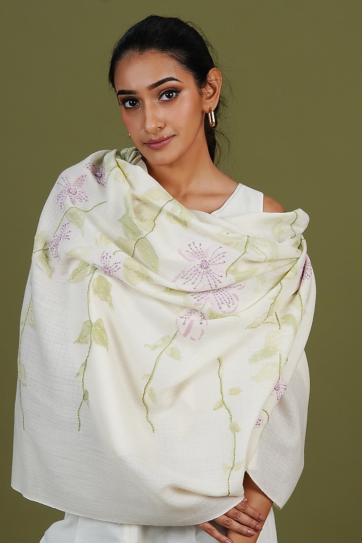 Ivory Pashmina Hand Painted & Hand Embroidered Stole by TAMBOUR at Pernia's Pop Up Shop