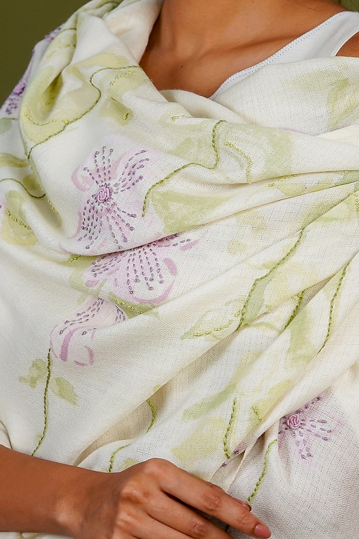 Ivory Pashmina Hand Painted & Hand Embroidered Stole by TAMBOUR at Pernia's Pop Up Shop