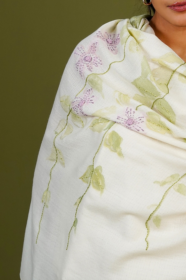 Ivory Pashmina Hand Painted & Hand Embroidered Stole by TAMBOUR at Pernia's Pop Up Shop