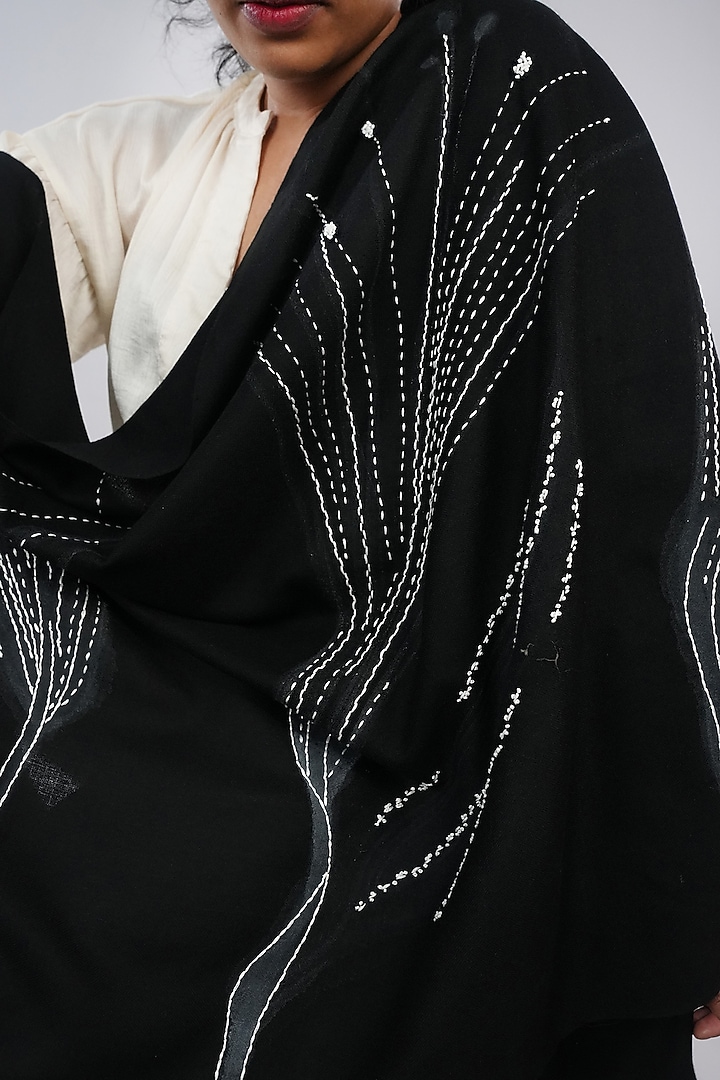 Black Pashmina Hand Painted & Hand Embroidered Stole by TAMBOUR at Pernia's Pop Up Shop