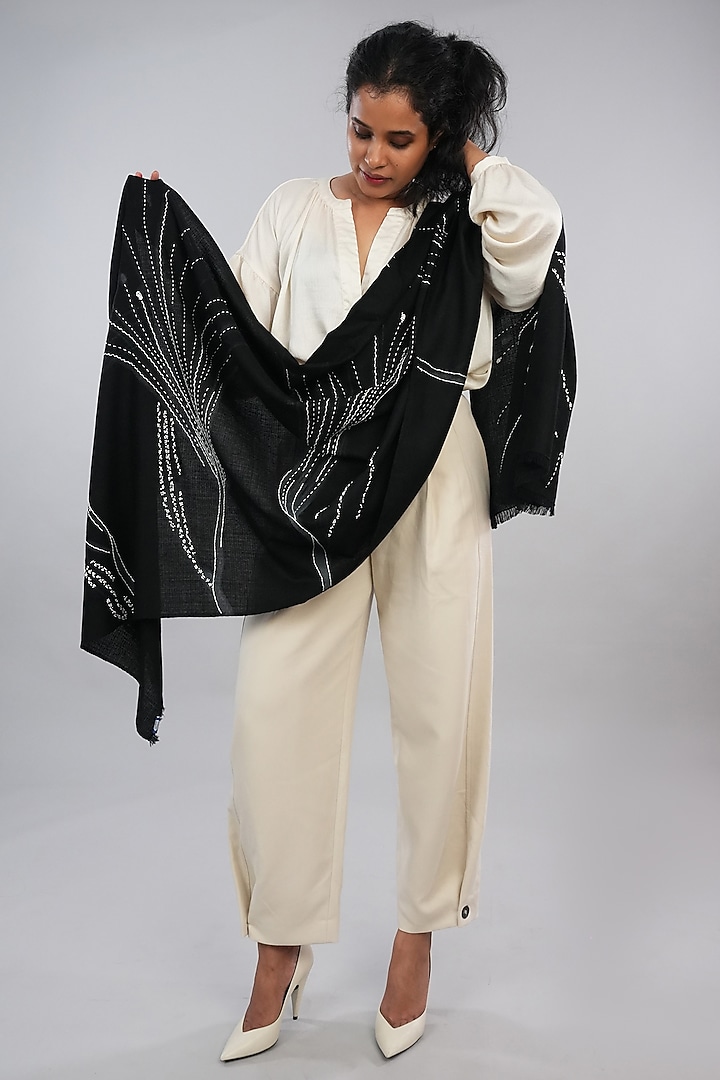 Black Pashmina Hand Painted & Hand Embroidered Stole by TAMBOUR at Pernia's Pop Up Shop