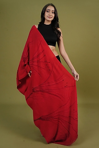 Red Pashmina Hand Painted & Hand Embroidered Stole by TAMBOUR
