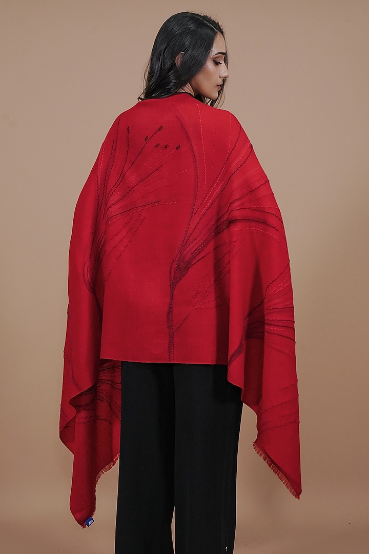 Red Pashmina Hand Painted & Hand Embroidered Stole by TAMBOUR at Pernia's Pop Up Shop
