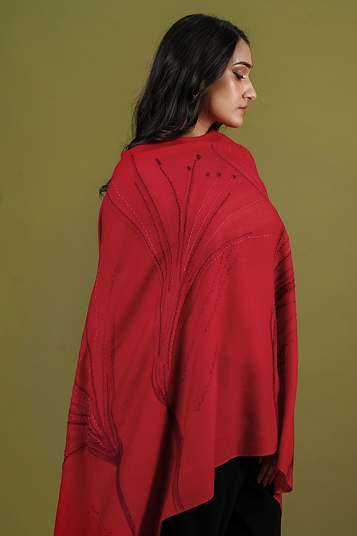 Red Pashmina Hand Painted & Hand Embroidered Stole by TAMBOUR at Pernia's Pop Up Shop