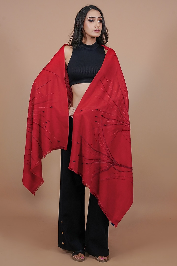 Red Pashmina Hand Painted & Hand Embroidered Stole by TAMBOUR at Pernia's Pop Up Shop