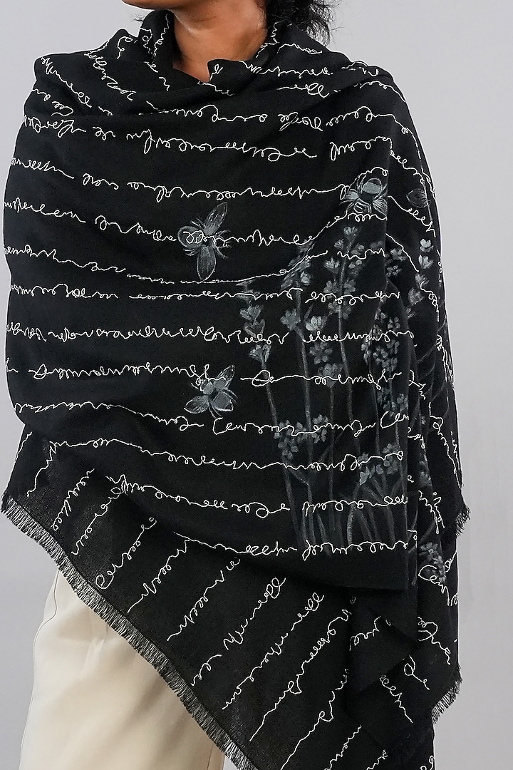 Black Pashmina Hand Painted & Hand Embroidered Stole by TAMBOUR at Pernia's Pop Up Shop