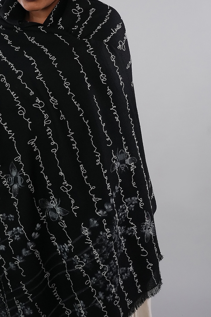 Black Pashmina Hand Painted & Hand Embroidered Stole by TAMBOUR at Pernia's Pop Up Shop