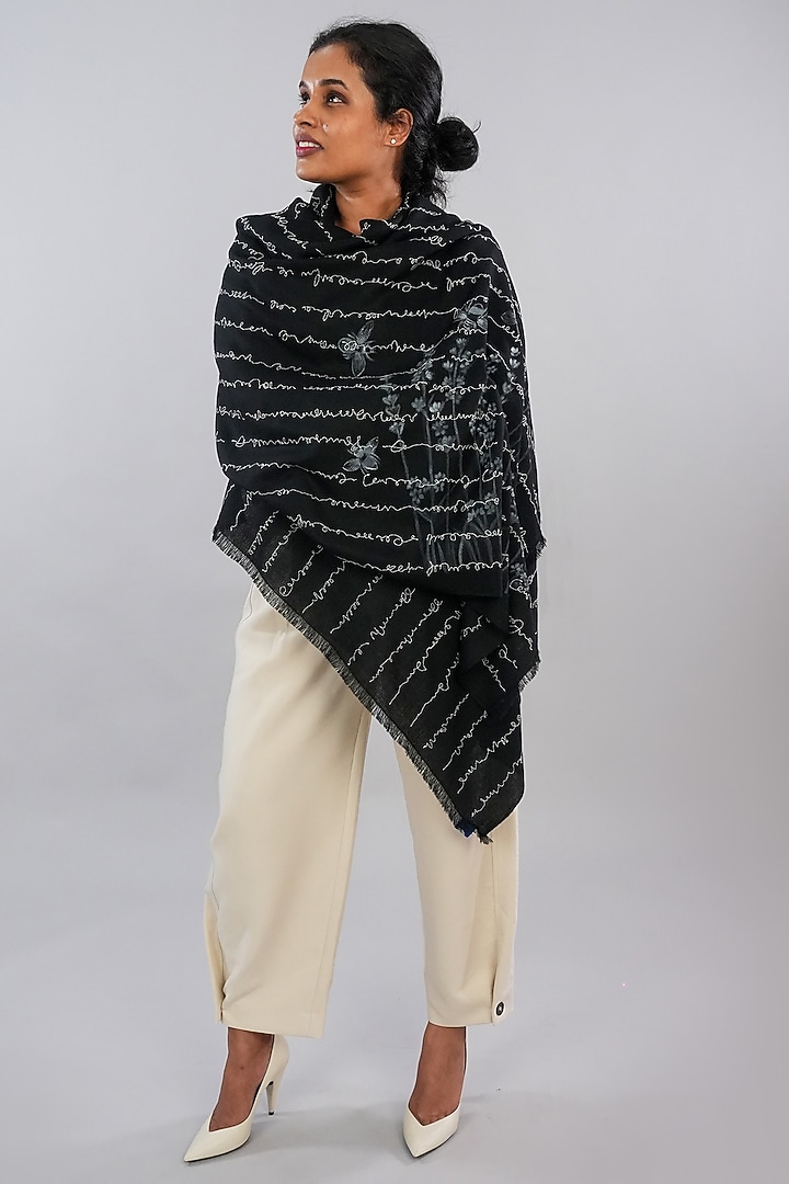 Black Pashmina Hand Painted & Hand Embroidered Stole by TAMBOUR at Pernia's Pop Up Shop