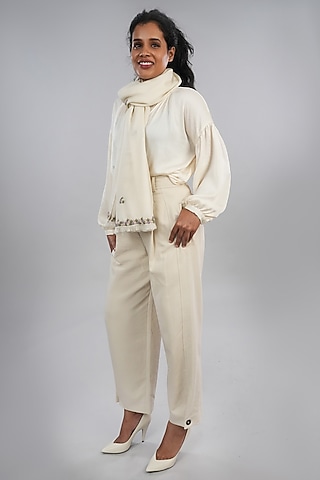 Ivory Pashmina Hand Embroidered Stole by TAMBOUR