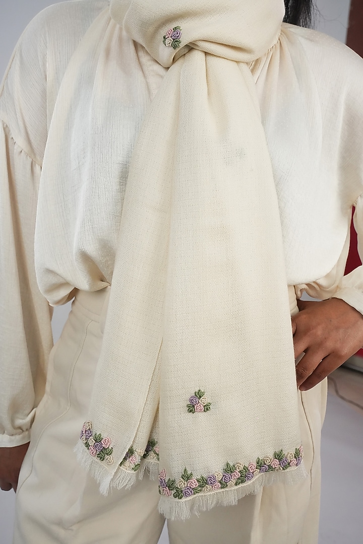 Ivory Pashmina Hand Embroidered Stole by TAMBOUR at Pernia's Pop Up Shop