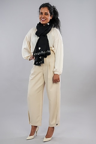 Black Pashmina Hand Painted & Hand Embroidered Stole by TAMBOUR