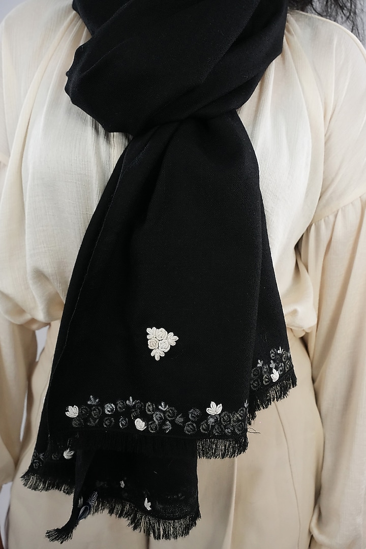 Black Pashmina Hand Painted & Hand Embroidered Stole by TAMBOUR at Pernia's Pop Up Shop