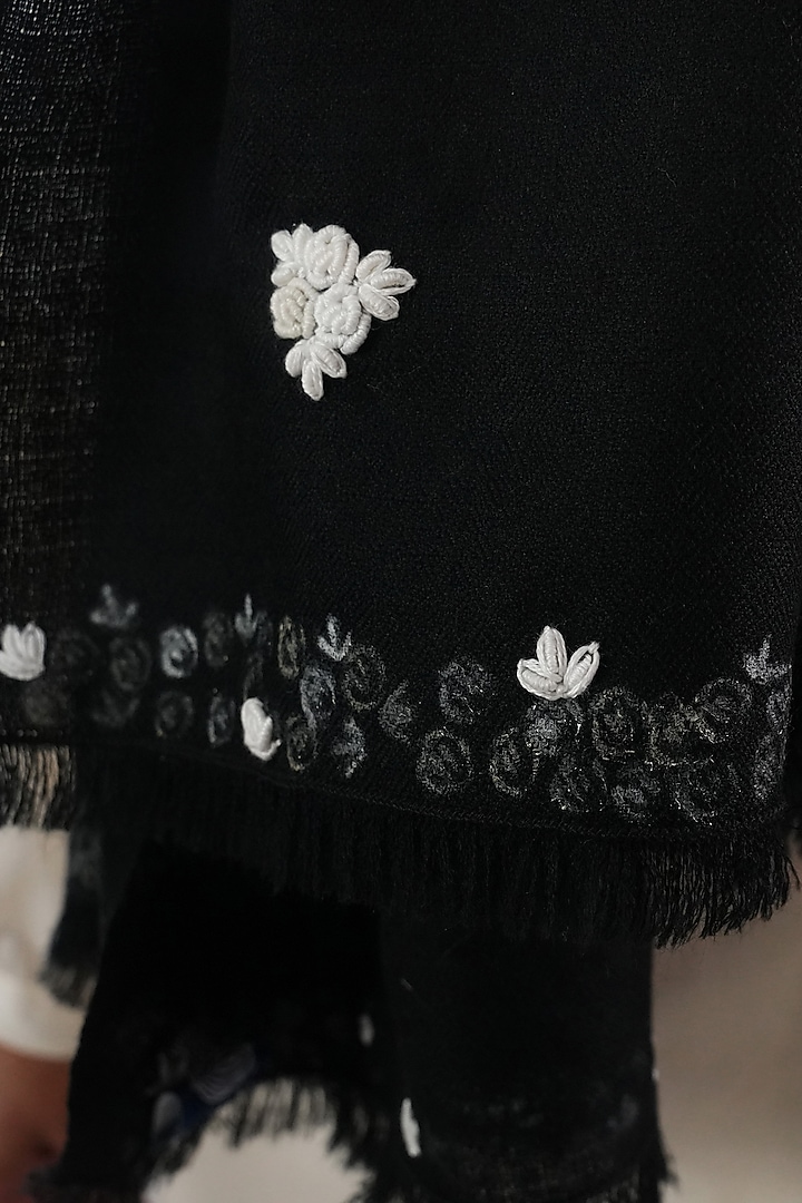 Black Pashmina Hand Painted & Hand Embroidered Stole by TAMBOUR at Pernia's Pop Up Shop