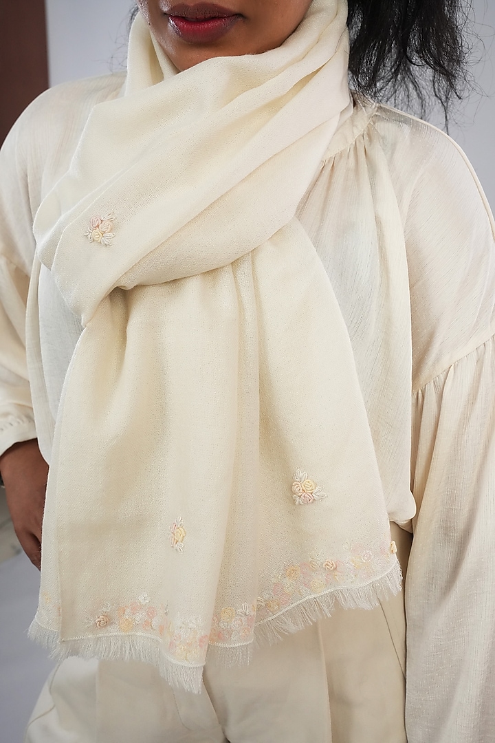 Ivory Pashmina Hand Painted & Hand Embroidered Stole by TAMBOUR at Pernia's Pop Up Shop