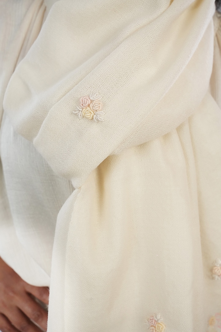 Ivory Pashmina Hand Painted & Hand Embroidered Stole by TAMBOUR at Pernia's Pop Up Shop