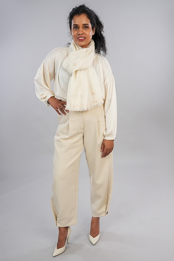 Ivory Pashmina Hand Painted & Hand Embroidered Stole by TAMBOUR at Pernia's Pop Up Shop