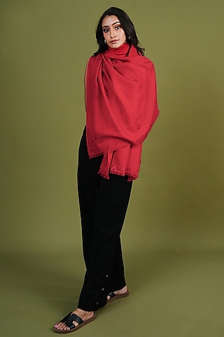 Red Pashmina Hand Painted & Hand Embroidered Stole by TAMBOUR