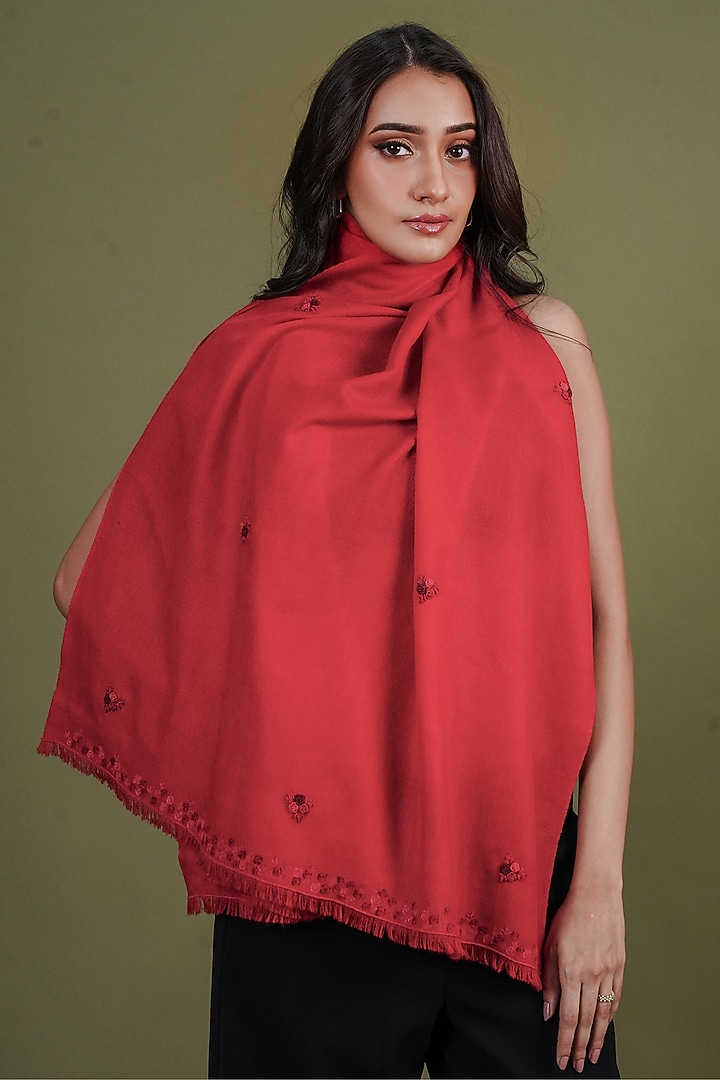 Red Pashmina Hand Painted & Hand Embroidered Stole by TAMBOUR at Pernia's Pop Up Shop