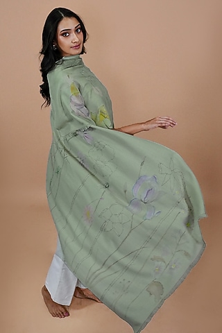 Mint Pashmina Hand Painted & Hand Embroidered Stole by TAMBOUR