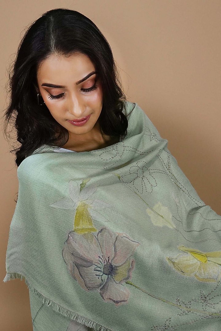 Mint Pashmina Hand Painted & Hand Embroidered Stole by TAMBOUR at Pernia's Pop Up Shop