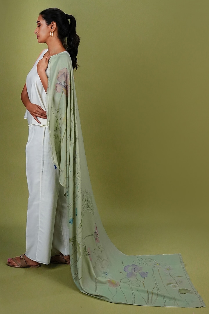 Mint Pashmina Hand Painted & Hand Embroidered Stole by TAMBOUR at Pernia's Pop Up Shop