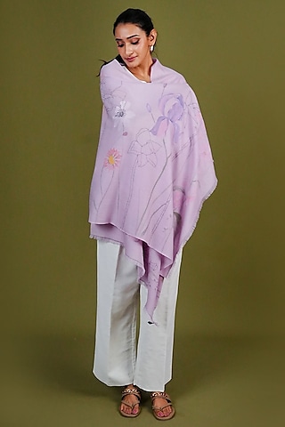 Lilac Pashmina Hand Painted & Hand Embroidered Stole by TAMBOUR
