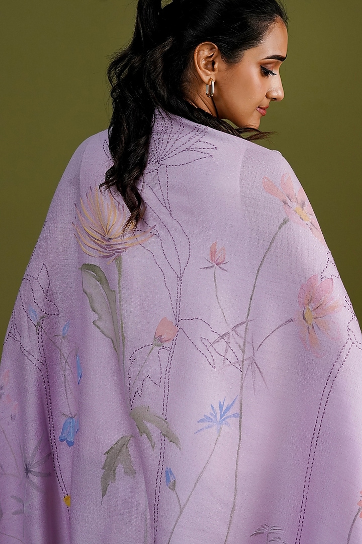 Lilac Pashmina Hand Painted & Hand Embroidered Stole by TAMBOUR at Pernia's Pop Up Shop