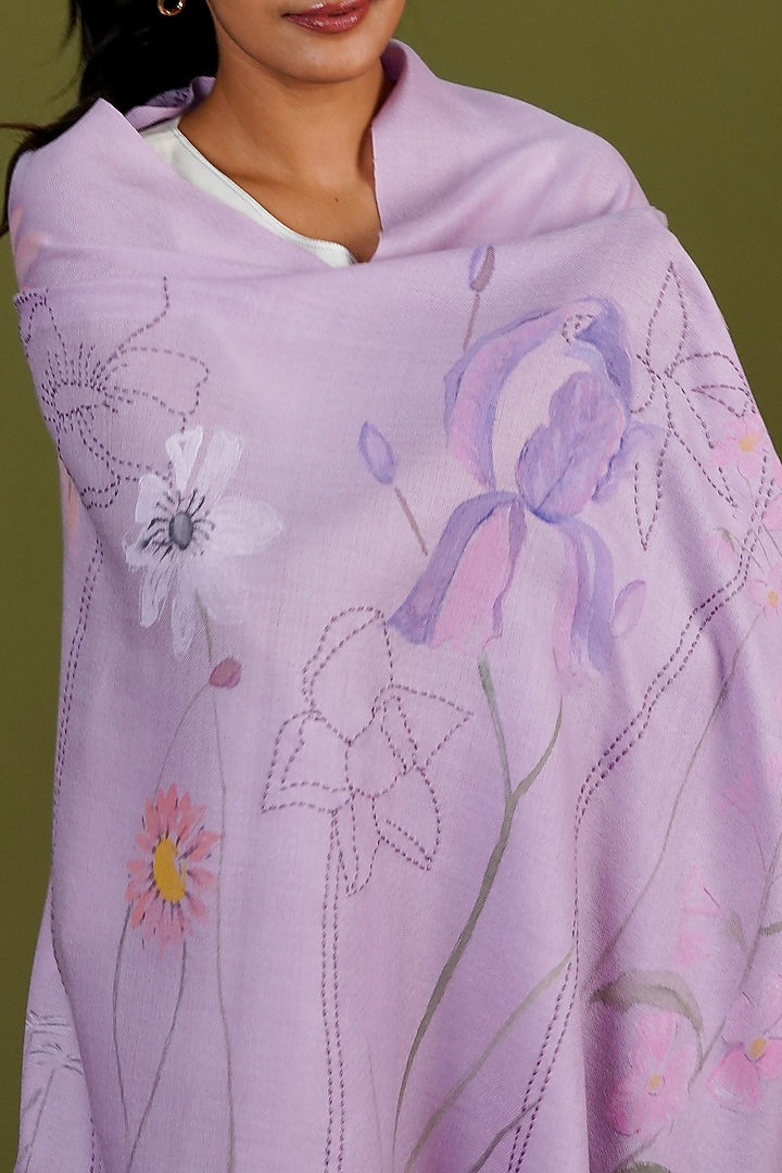 Lilac Pashmina Hand Painted & Hand Embroidered Stole by TAMBOUR at Pernia's Pop Up Shop