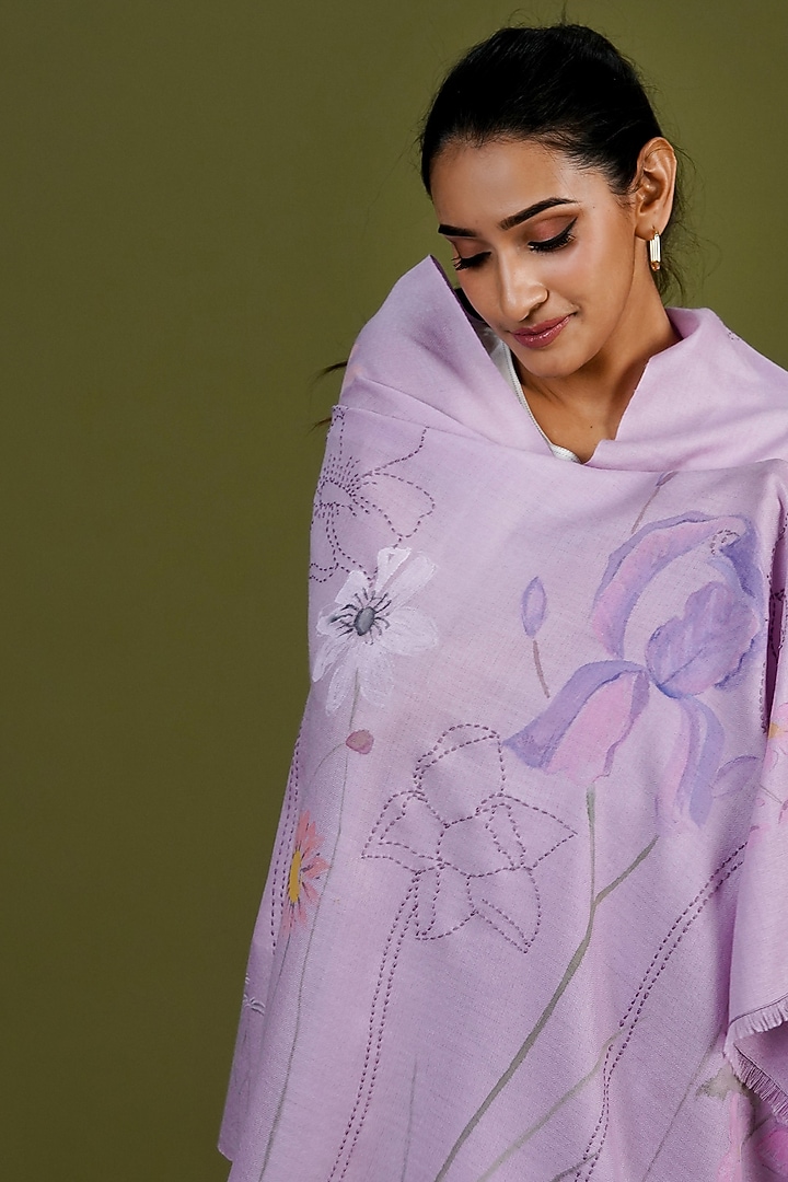 Lilac Pashmina Hand Painted & Hand Embroidered Stole by TAMBOUR at Pernia's Pop Up Shop