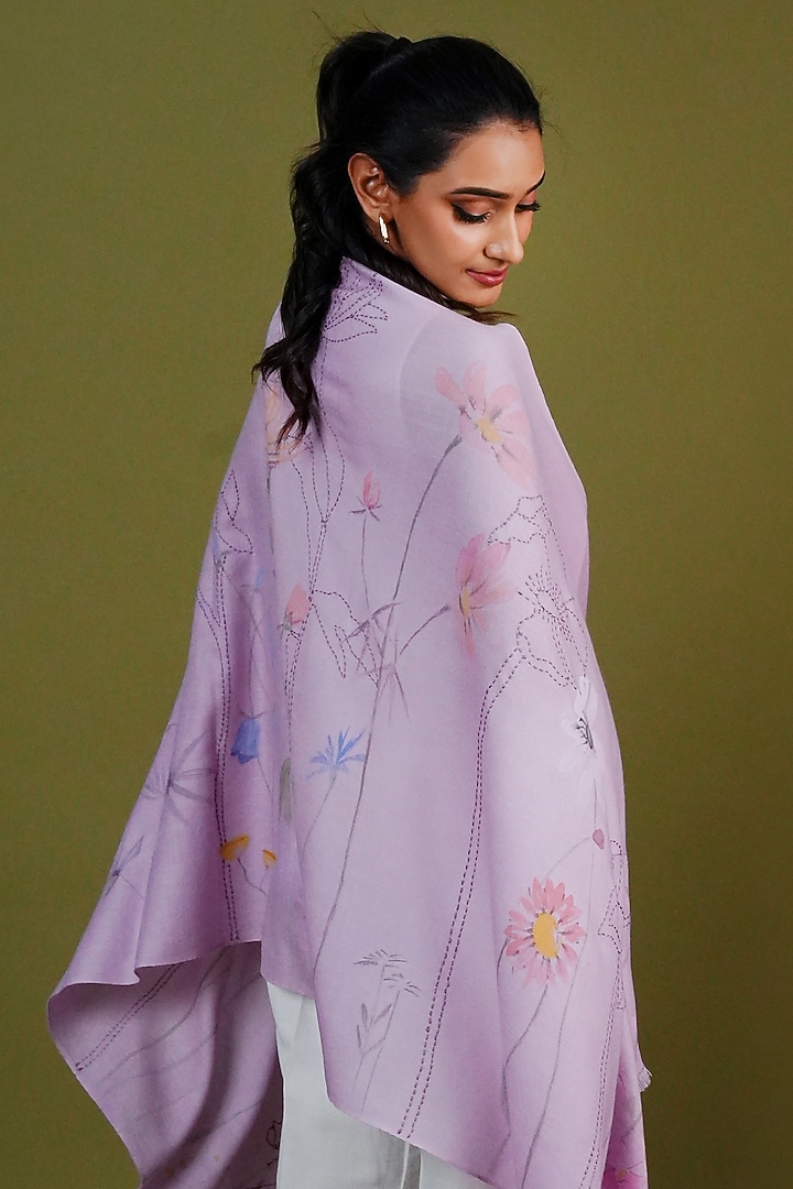 Lilac Pashmina Hand Painted & Hand Embroidered Stole by TAMBOUR at Pernia's Pop Up Shop