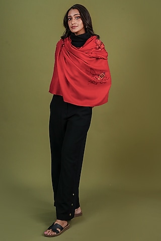 Red Pashmina Hand Painted & Hand Embroidered Stole by TAMBOUR
