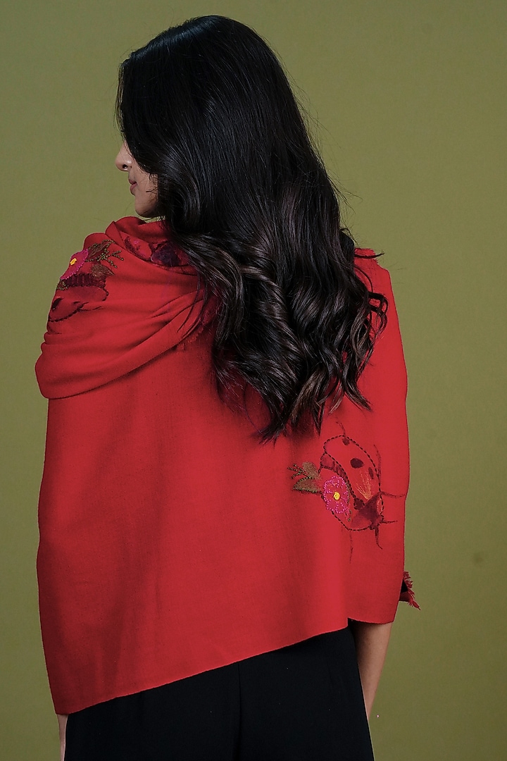 Red Pashmina Hand Painted & Hand Embroidered Stole by TAMBOUR at Pernia's Pop Up Shop