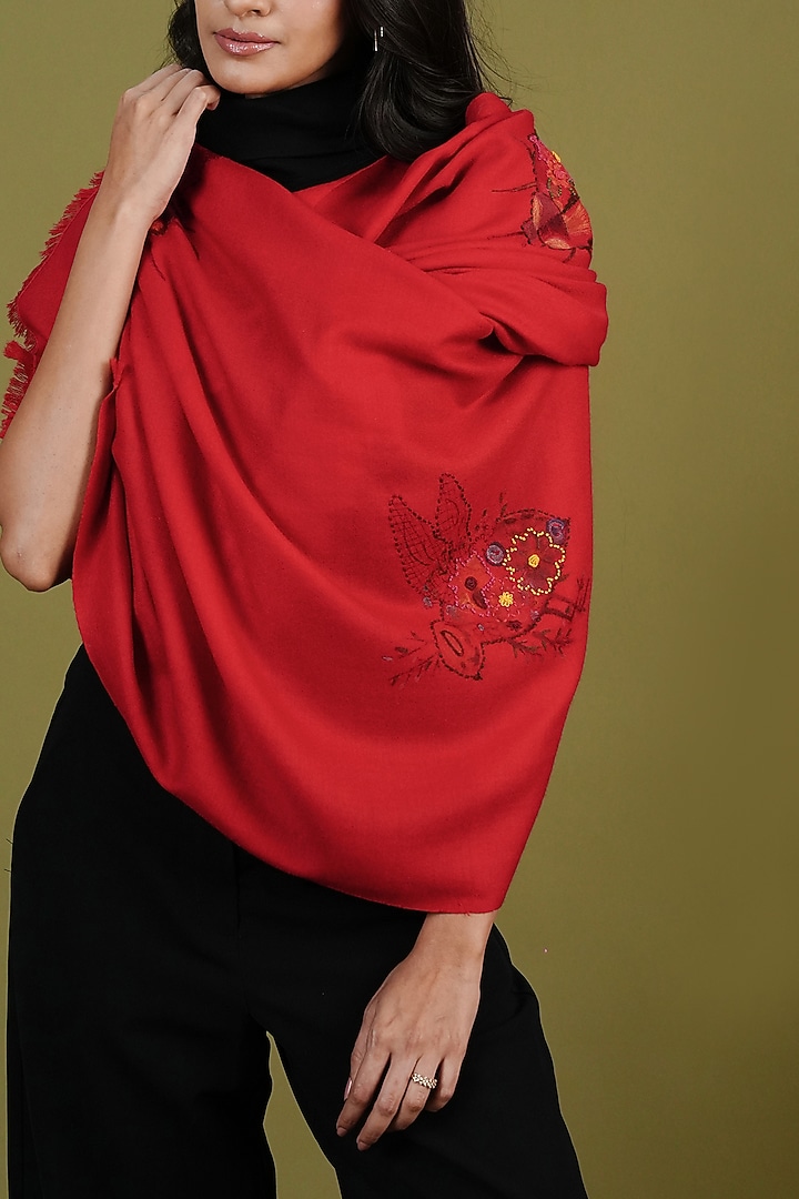 Red Pashmina Hand Painted & Hand Embroidered Stole by TAMBOUR at Pernia's Pop Up Shop