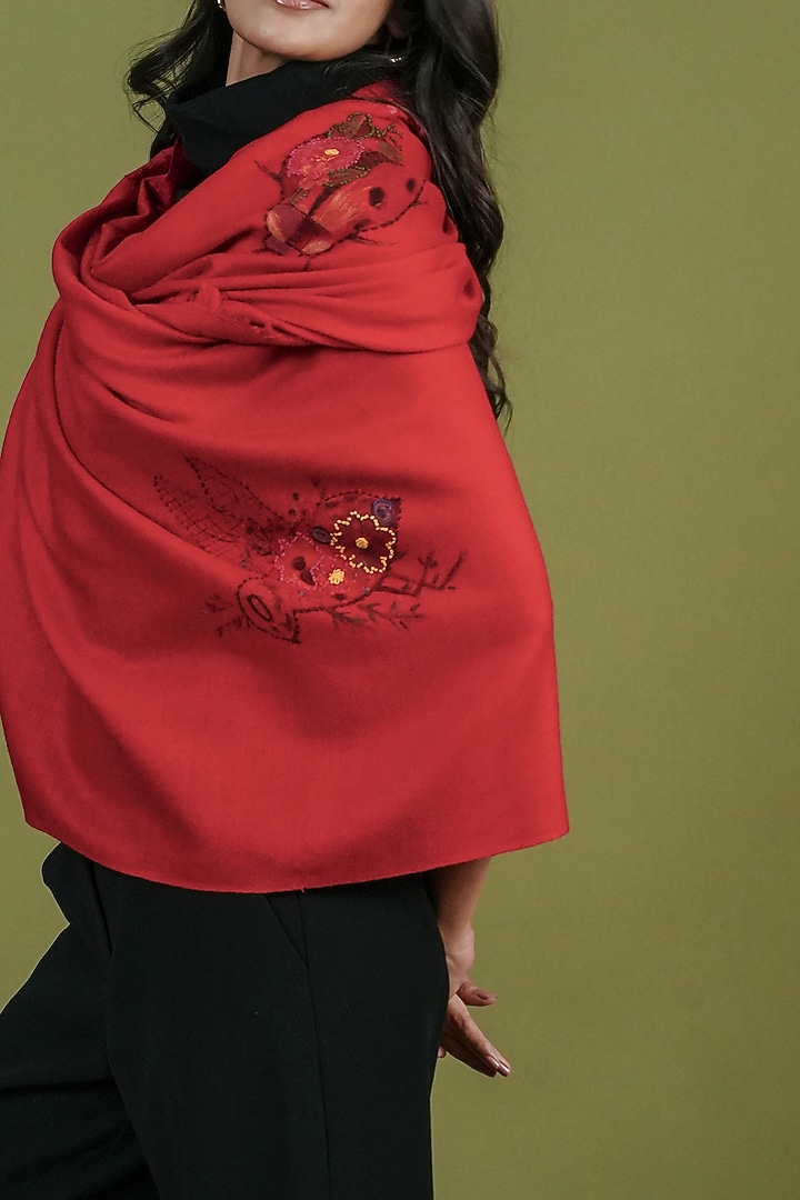 Red Pashmina Hand Painted & Hand Embroidered Stole by TAMBOUR at Pernia's Pop Up Shop