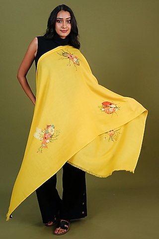 Yellow Pashmina Hand Painted & Hand Embroidered Stole by TAMBOUR