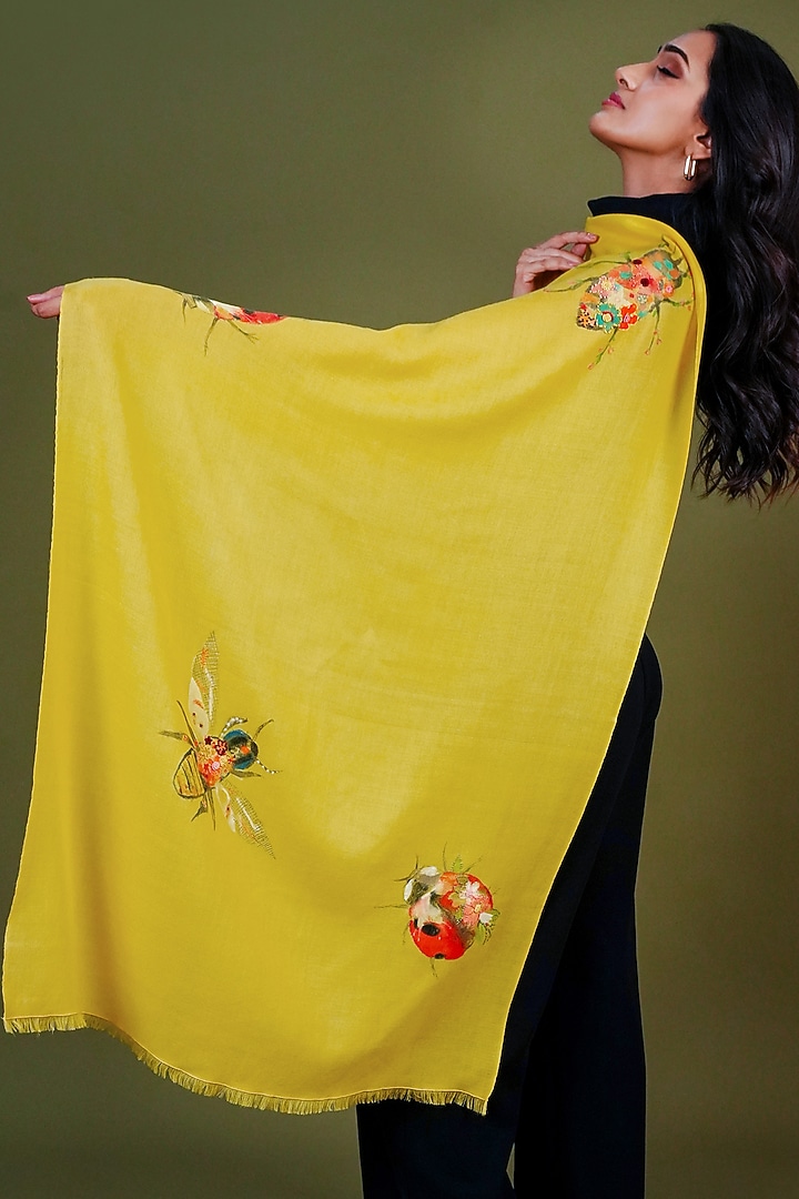 Yellow Pashmina Hand Painted & Hand Embroidered Stole by TAMBOUR at Pernia's Pop Up Shop