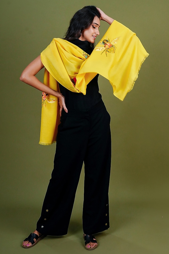Yellow Pashmina Hand Painted & Hand Embroidered Stole by TAMBOUR at Pernia's Pop Up Shop