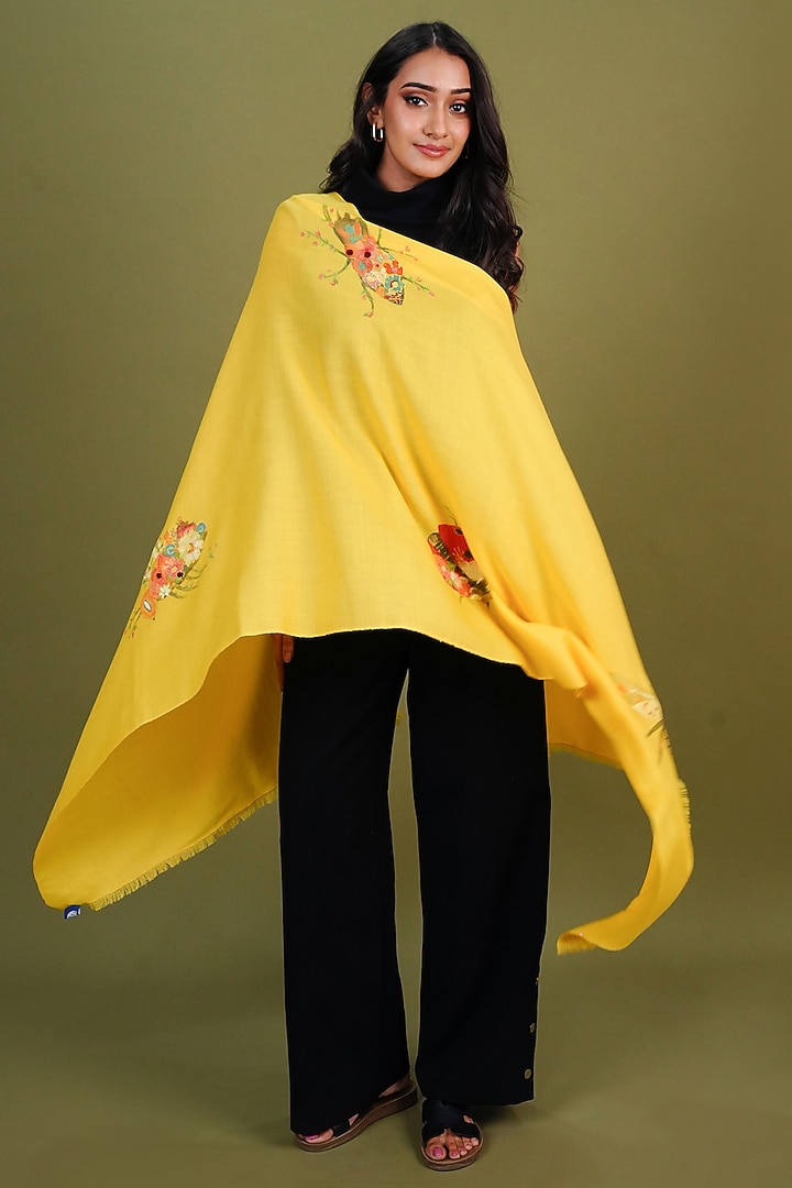 Yellow Pashmina Hand Painted & Hand Embroidered Stole by TAMBOUR at Pernia's Pop Up Shop