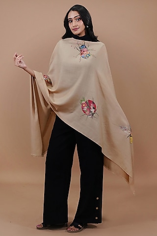 Beige Pashmina Hand Painted & Hand Embroidered Stole by TAMBOUR
