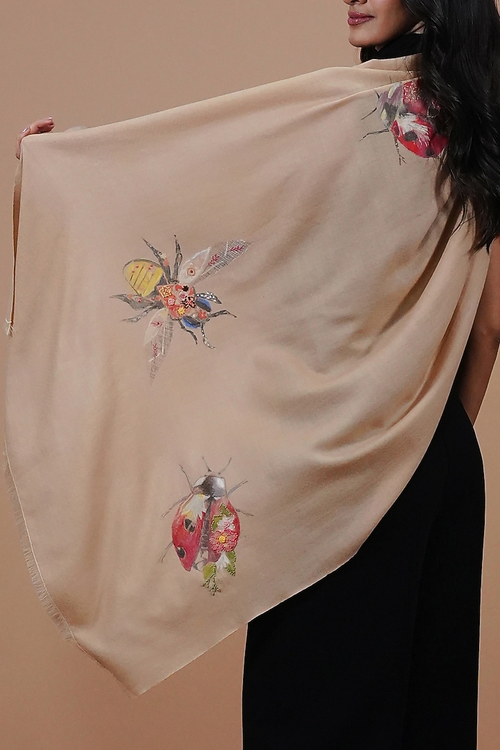 Beige Pashmina Hand Painted & Hand Embroidered Stole by TAMBOUR at Pernia's Pop Up Shop