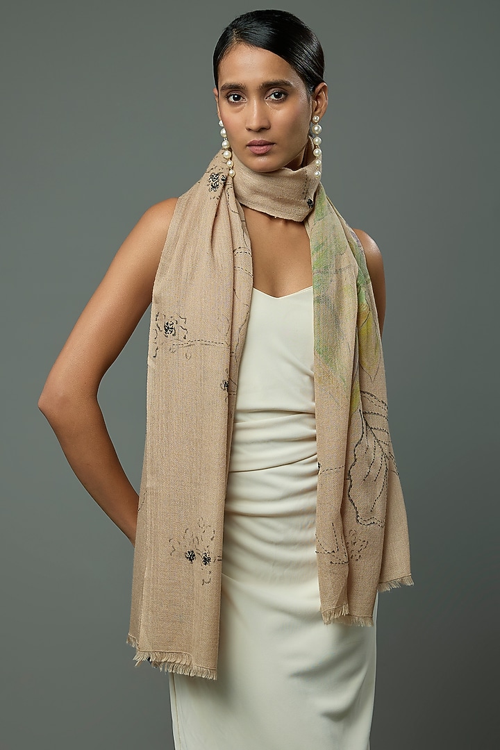 Natural Pashmina Wool Hand Painted & Hand Embroidered Stole by TAMBOUR at Pernia's Pop Up Shop