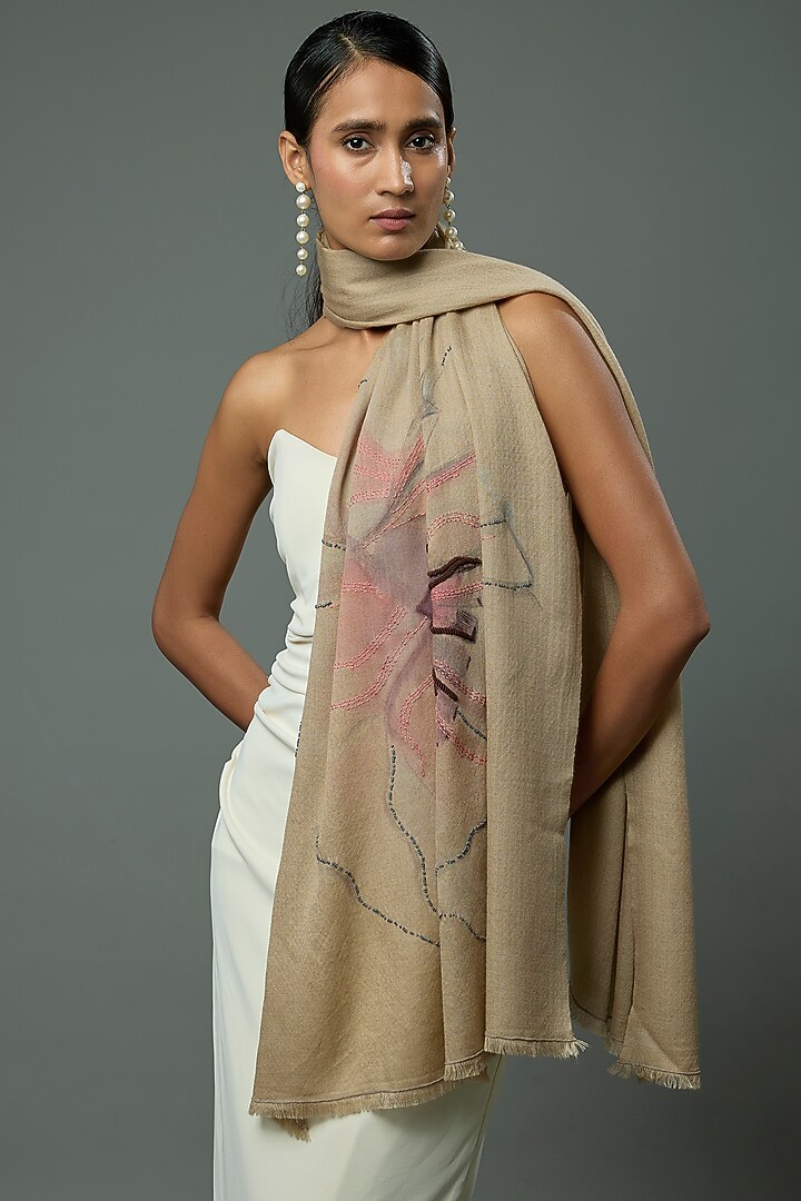 Natural Pashmina Wool Hand Painted & Hand Embroidered Stole by TAMBOUR at Pernia's Pop Up Shop