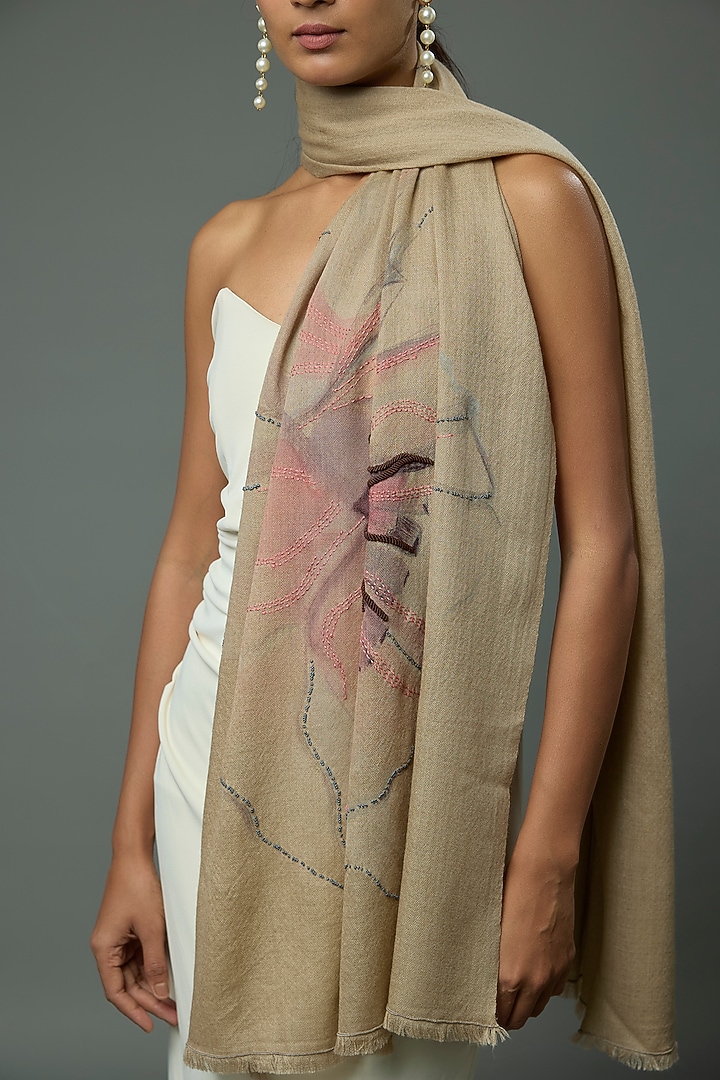 Natural Pashmina Wool Hand Painted & Hand Embroidered Stole by TAMBOUR at Pernia's Pop Up Shop