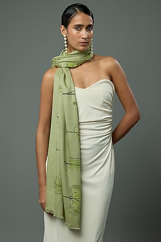Pale Khaki Pashmina Wool Hand Painted & Hand Embroidered Stole by TAMBOUR