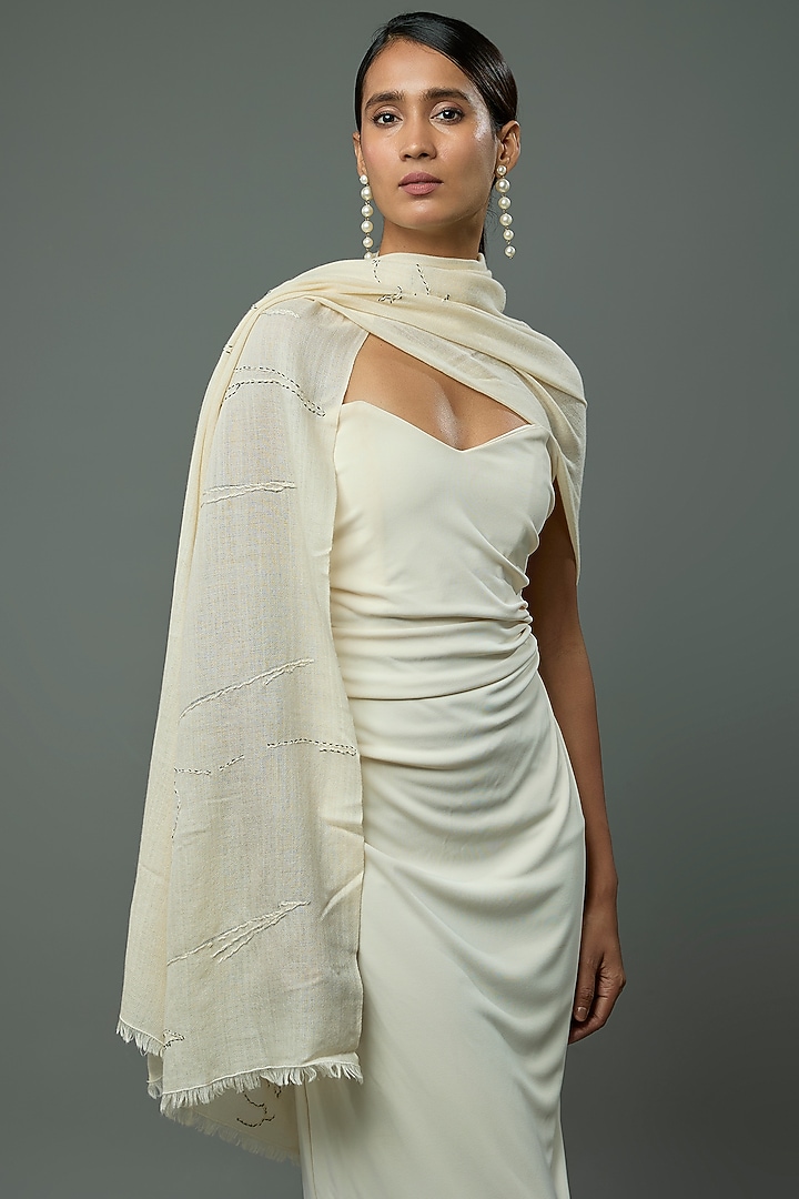 Ivory Pashmina Wool Hand Painted & Hand Embroidered Stole by TAMBOUR at Pernia's Pop Up Shop