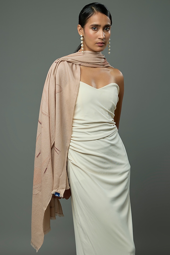 Pale Fawn Pashmina Wool Hand Painted & Hand Embroidered Stole by TAMBOUR at Pernia's Pop Up Shop